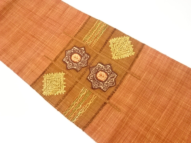 JAPANESE KIMONO / VINTAGE NAGOYA OBI / TSUMUGI / WOVEN GRID & FLOWER CREST